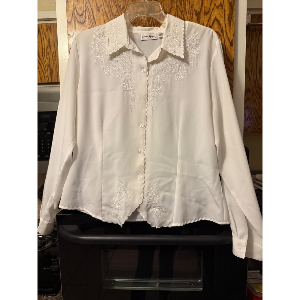 Claudia Richard Womens White Embroidered Scalloped Button Down Blouse Size 12